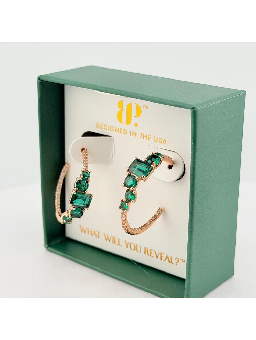 Bomb Party May Earrings "The Annalise Hoops" Lab Created Emerald on Rose Gold